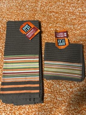 Bobby Flay Sorrento Collection Brown Striped Kitchen Towels/ Dishcloths Set (NWT